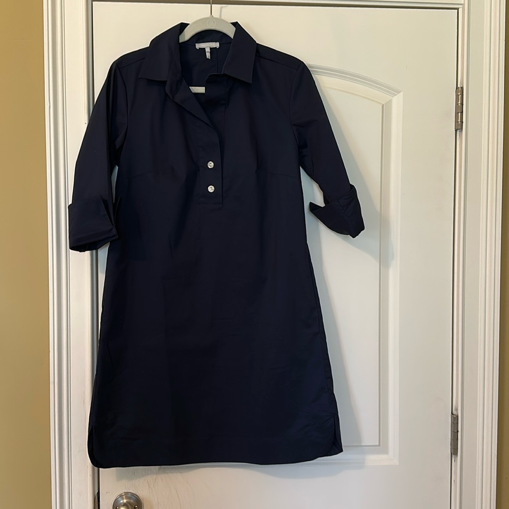 NEW Hinson Wu Aileen Navy Stretch Cotton Dress Button Back Detail 3/4 Sleeve EUC